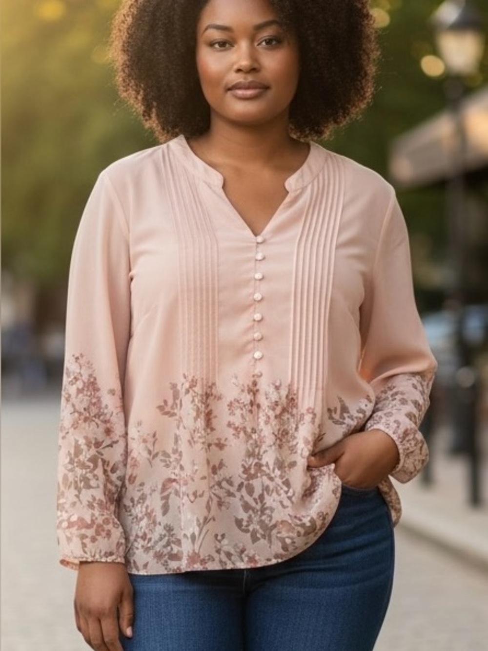 Coldwater Creek women’s Light Pink Floral Button-Down Blouse